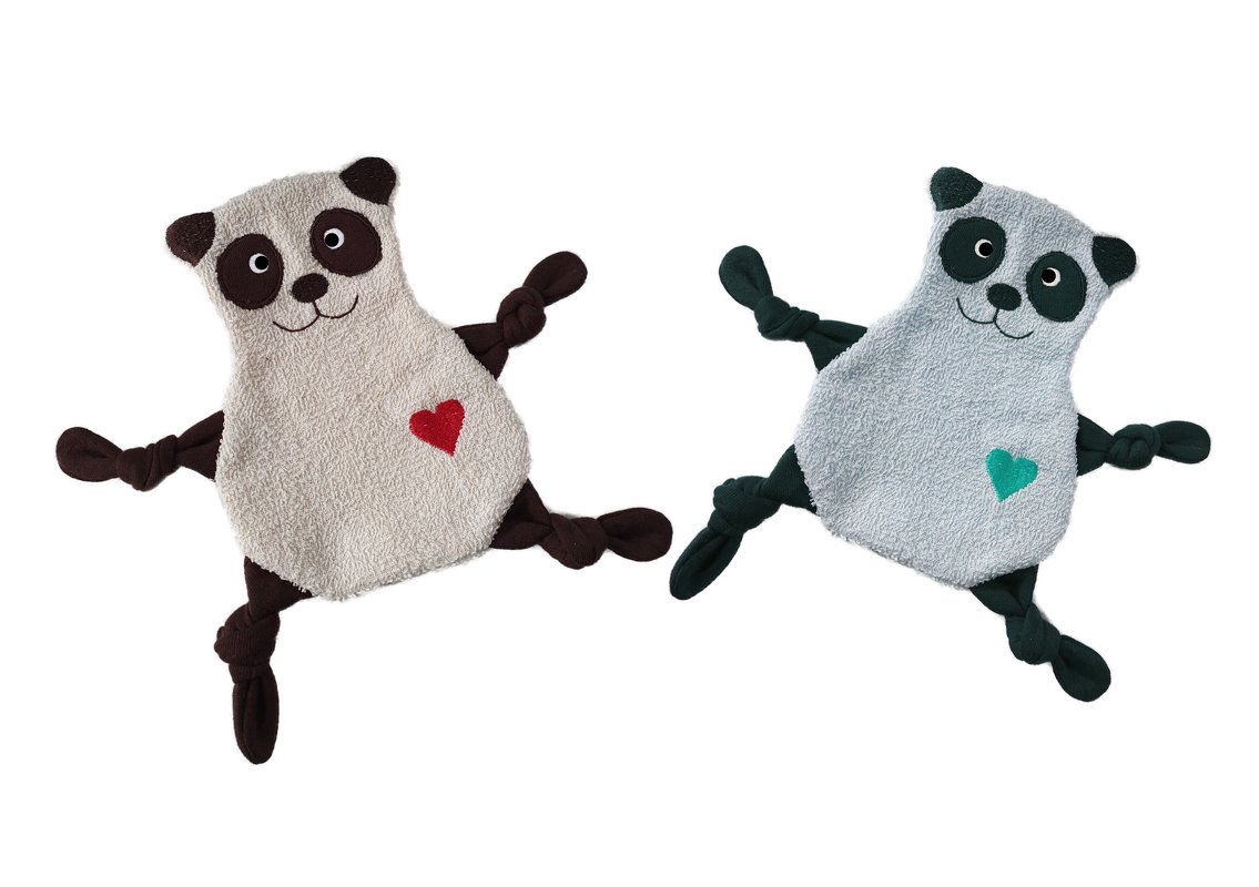 Zwei Panda-Schmusetücher beige-braun und hellblau mit Herzapplikationen
