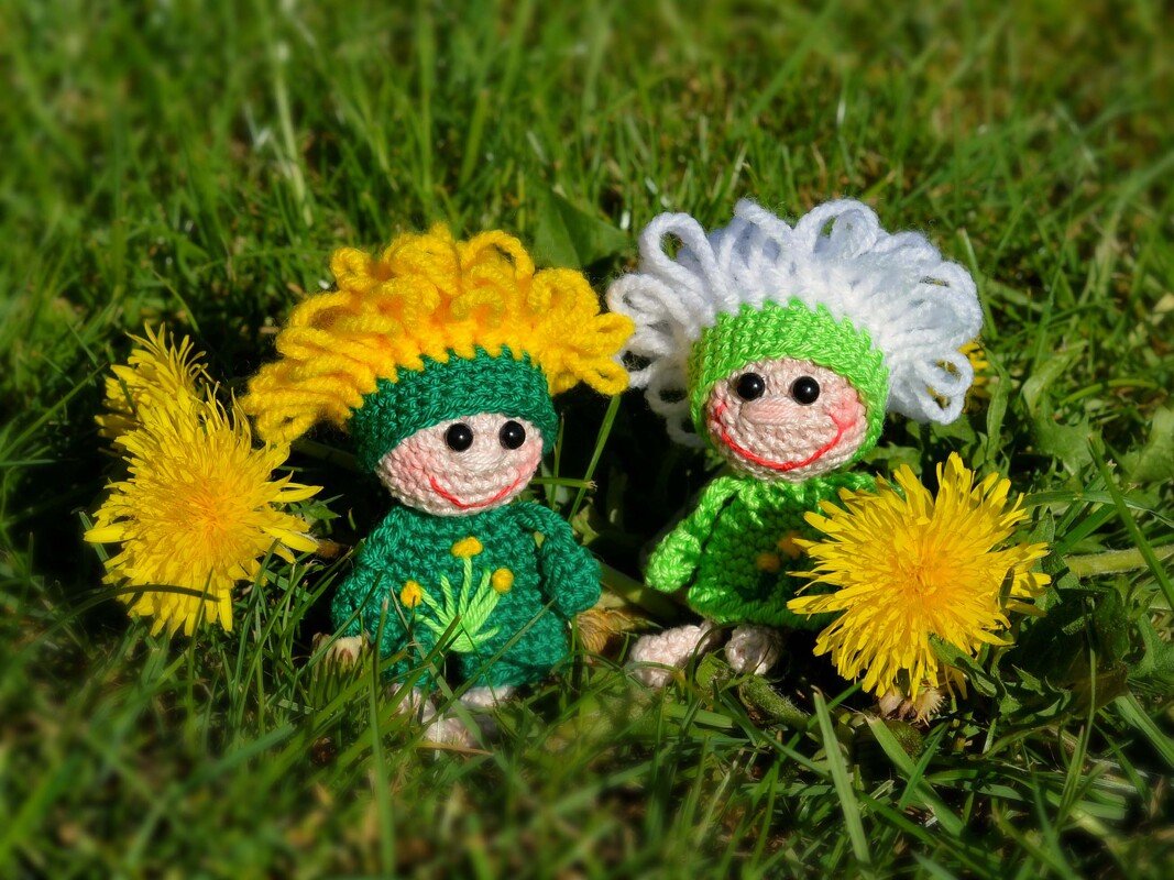 Zwei gehäkelte Figuren mit gelbem und weißem Garnhaar und schwarzen Augen sitzen im Gras neben Löwenzahnblüten