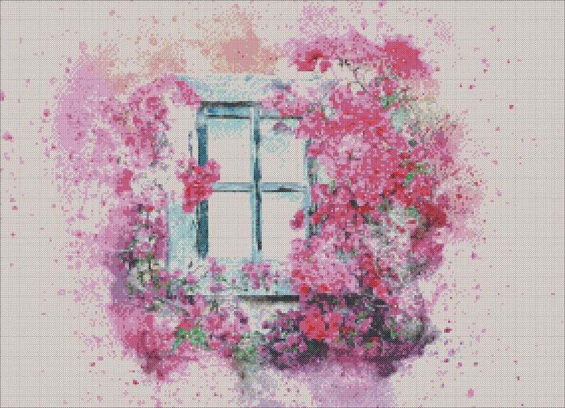Summer cross stitch pattern window with flowers