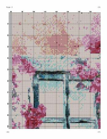 Summer cross stitch pattern window with flowers