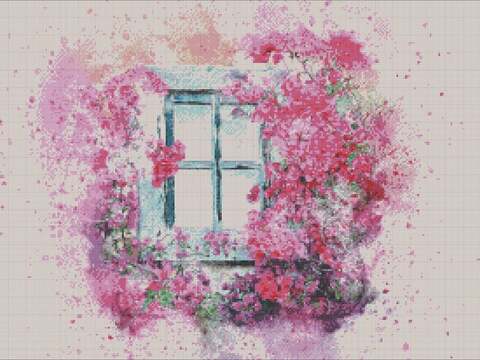 Summer cross stitch pattern window with flowers