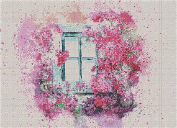 Summer cross stitch pattern window with flowers
