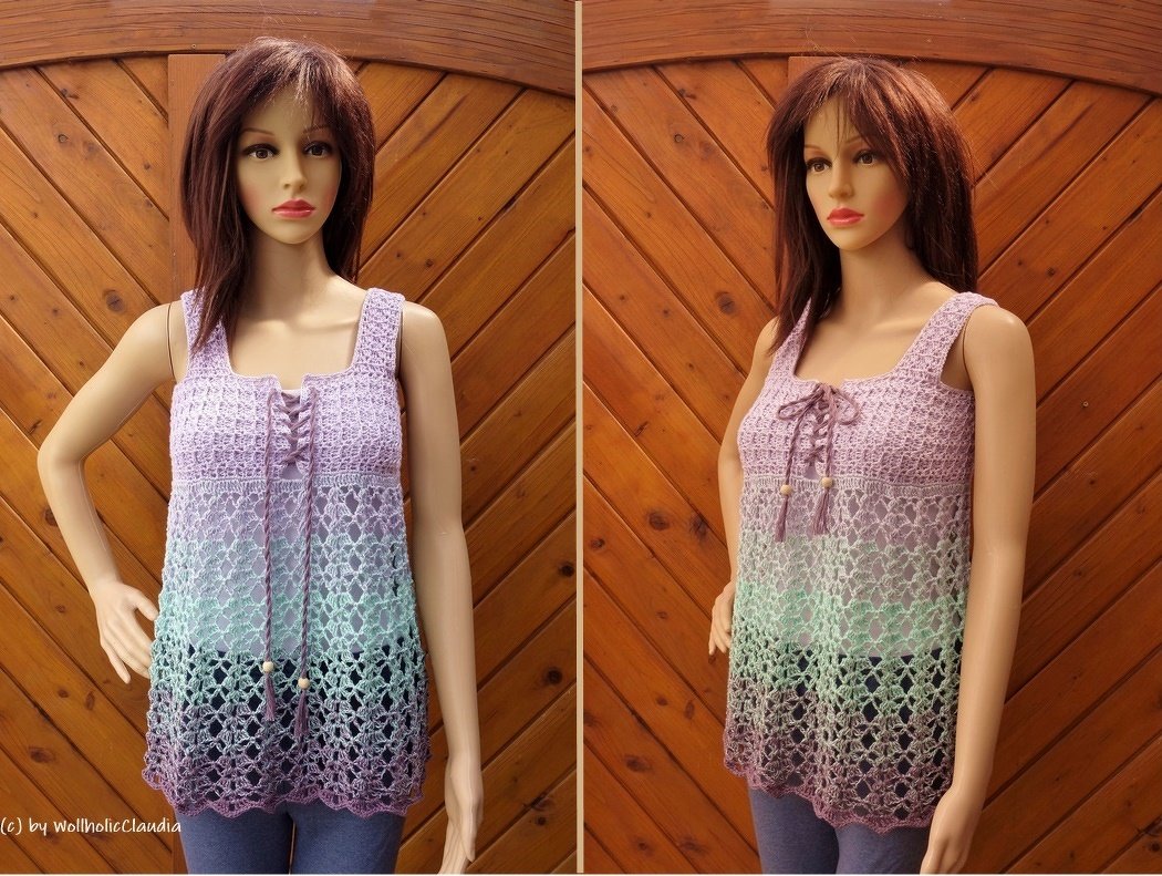 Mannequin mit gehäkeltem Damen-Top in Flieder, Mint und Dunkelviolett; Karree-Ausschnitt, Zierschnürung mit Perlen und offenes Häkelmuster am Saum.