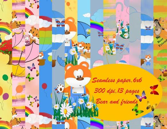 Seamless paper Bear and friends