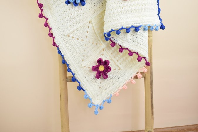 Crochet "Blooming Spring" blanket with big 3D flowers, small flower applques and cute butterflies appliques