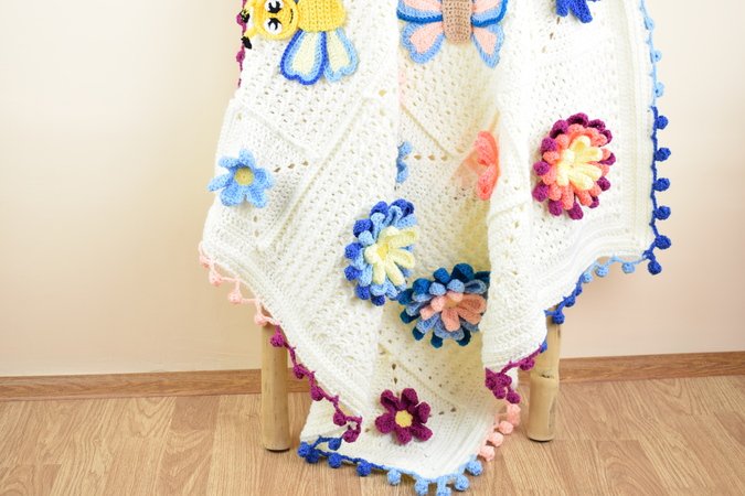 Crochet "Blooming Spring" blanket with big 3D flowers, small flower applques and cute butterflies appliques