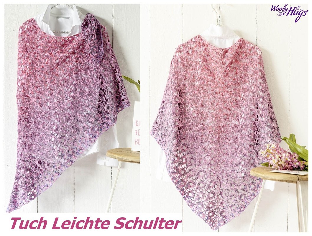 Zwei Ansichten eines gehäkelten Dreieckstuchs in Rosa‑Lila mit Ajourmuster, drapiert über weiße Bluse