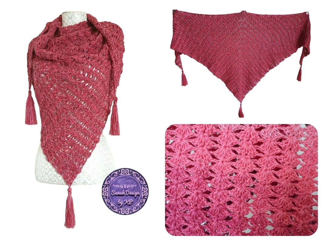 Rotrosa gehäkeltes Dreieckstuch mit Ajourmuster und Quasten, gezeigt getragen, flach liegend und in Detailaufnahme.