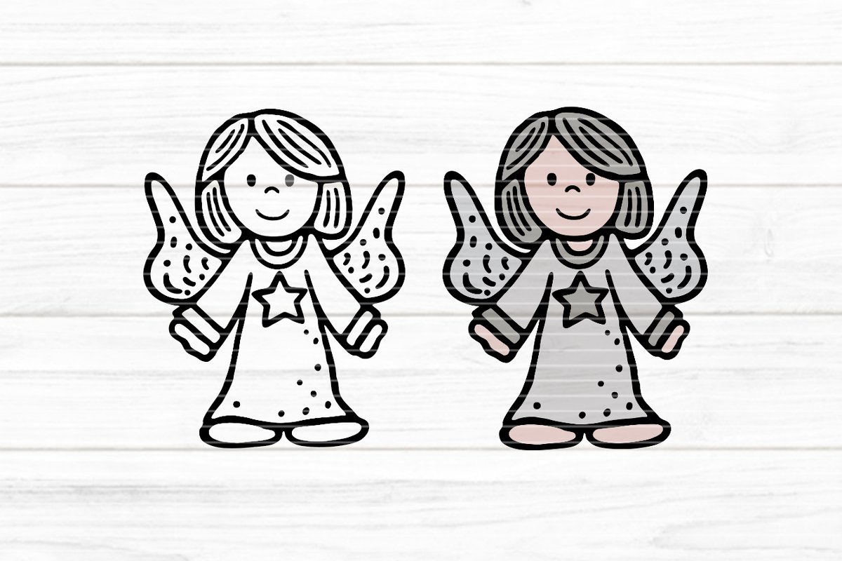 Zwei Engelillustrationen nebeneinander: links schwarz-weiße Umrisszeichnung, rechts farbige Version mit grauen Haaren und rosa Akzenten, beide mit Stern auf dem Kleid und gepunkteten Flügeln.