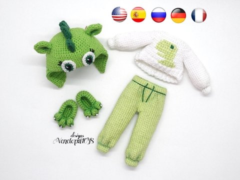 Häkelanleitung Amigurumi Kleidung für Puppe in Dinosaurier Anzug