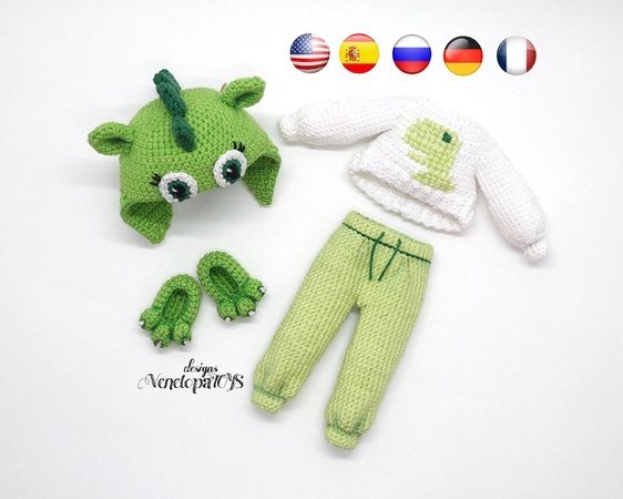 Pattern Crochet Outfit for Doll in dinosaur pajamas