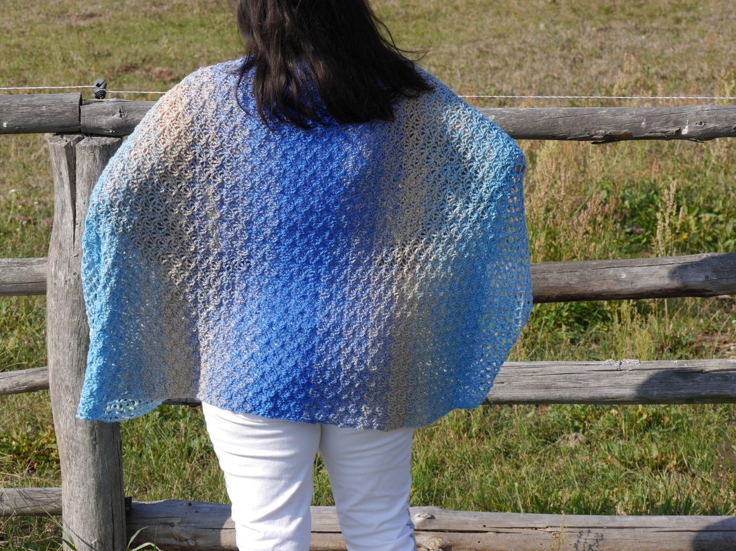 Rückansicht einer Person mit gehäkeltem Seelenwärmer in Blau-Beige vor einem Holzzaun.