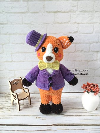 Crochet and Knitting Amigurumi Pattern Plush Fox Ferdy in outfit