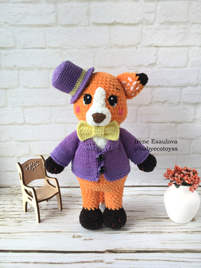 Crochet and Knitting Amigurumi Pattern Plush Fox Ferdy in outfit