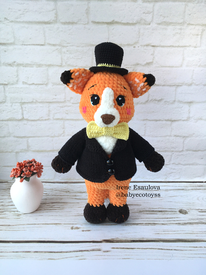 Crochet and Knitting Amigurumi Pattern Plush Fox Ferdy in outfit