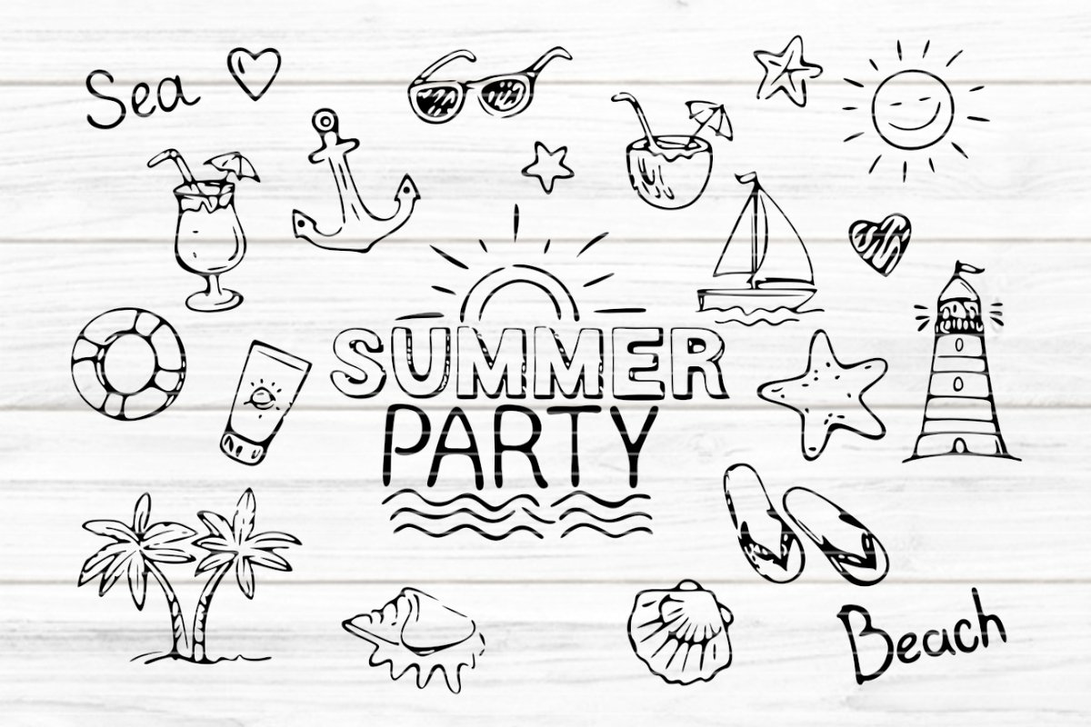 Schwarz-weiße Handzeichnungen mit 'SUMMER PARTY'-Schriftzug und Strand-Icons wie Anker, Palme, Muschel, Leuchtturm und Flipflops