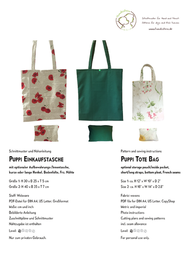 PUPPI Tote Bag in 2 sizes, many options, Sewing Pattern