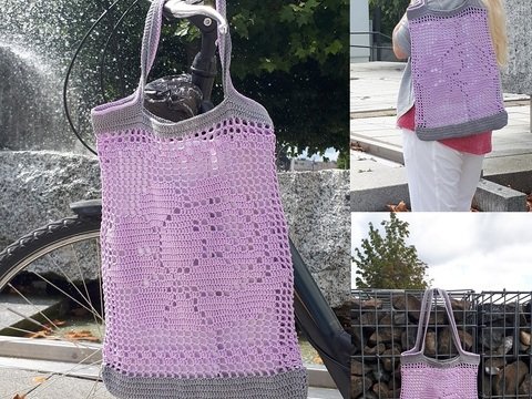 Einkaufstasche filethäkeln, Rose