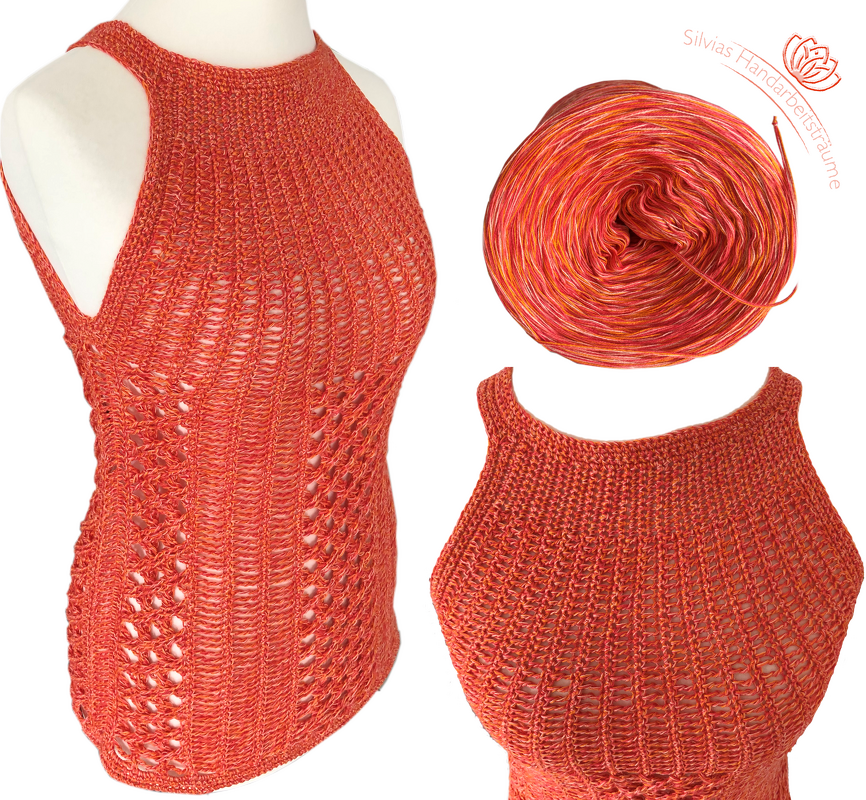Mannequin mit gehäkeltem orangefarbenem Top, Vorder- und Seitenansicht neben einem Garnknäuel in ähnlichen Farbtönen