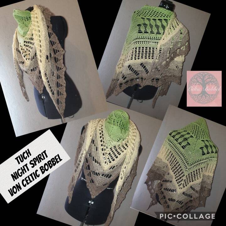 Gehäkeltes dreieckiges Tuch mit Lochmuster in Hellgrün, Beige und Braun, auf einer Schneiderpuppe drapiert; Collage mit mehreren Ansichten.