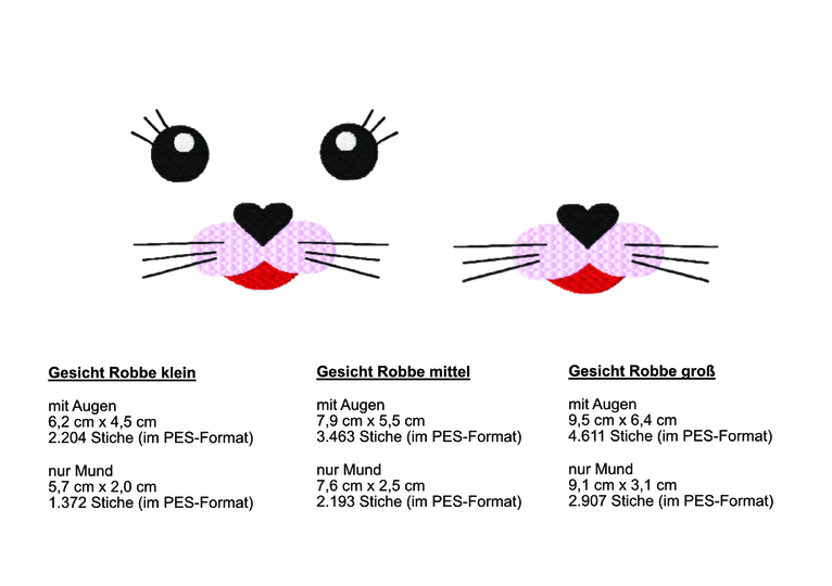 Stickdatei Gesicht Robbe - zwei Varianten, drei Größen, Rahmen ab 10 cm x 10 cm
