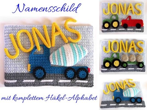 Häkel-Buchstaben Namensschild Landstraße mit komplettem Alphabet A-Z