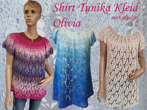 Häkelanleitung Shirt, Tunika Kleid Olivia Größe 32 bis 56