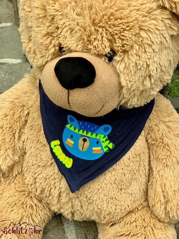 Teddybär mit dunkelblauem Halstuch, darauf ein blauer Bärenkopf mit grünem Stirnband und der Name „Lenny“ als Plott.