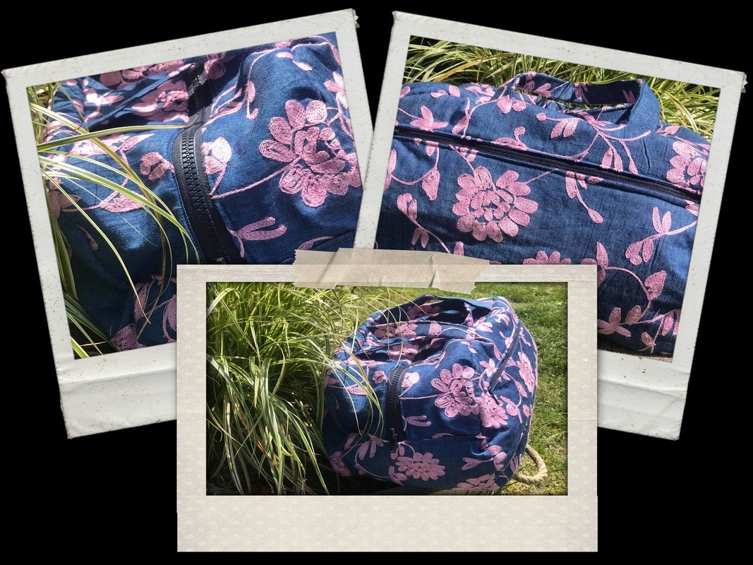 Dunkelblaue Kindergartentasche mit rosa Blumenstickerei und Reißverschluss