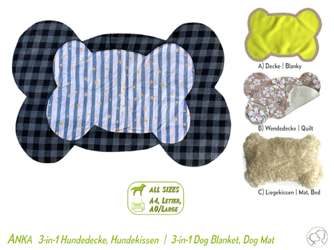 ANKA 3-in-1 dog blanket, mat, bed. 4 sizes, sewing pattern