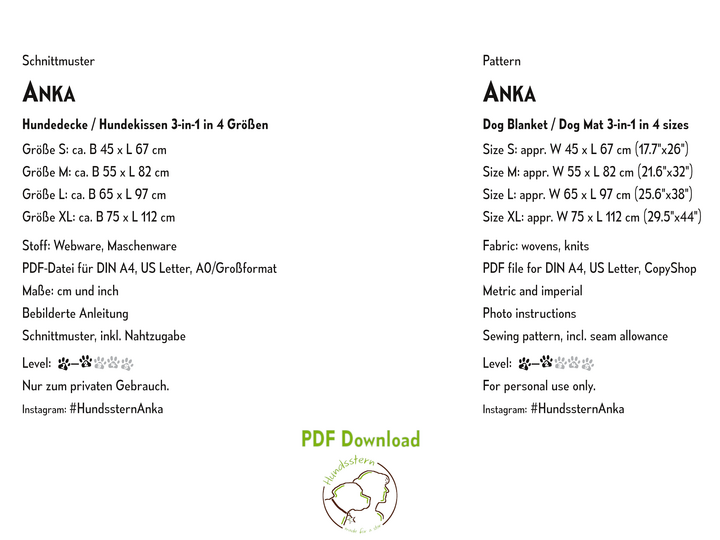 ANKA 3-in-1 dog blanket, mat, bed. 4 sizes, sewing pattern