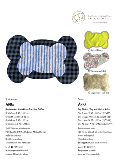 ANKA 3-in-1 Hunde-Decke, -Matte, -Bett. 4 Größen, Nähanleitung+Schnitt