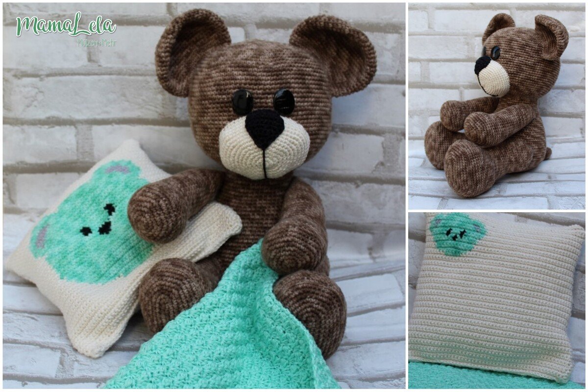 gehäkelter brauner Amigurumi-Teddybär mit mintgrüner Decke und Kissen