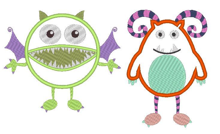 Zwei bunte Monster-Stickmotive: ein rundes grünes mit violetten Flügeln und ein weißes mit orangefarbener Kontur und geringelten Hörnern.