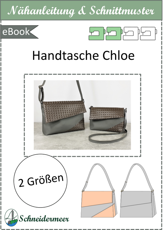 Cover eines eBooks zur Handtasche Chloe mit zwei fertig genähten Taschen in unterschiedlichen Größen, Schnittmuster-Skizzen und eBook-Label.