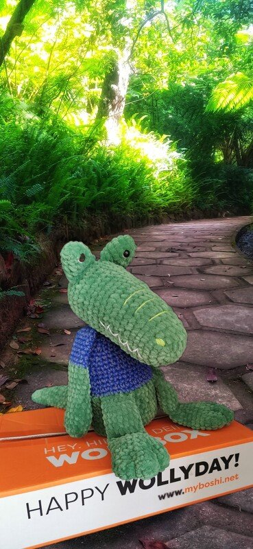 Gehäkeltes grünes Krokodil-Amigurumi mit blauem Oberteil auf einer orangefarbenen Kiste auf einem Steinweg, umgeben von Farnen.