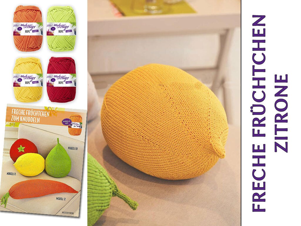 Zitronenförmiges gestricktes Kissen mit Garnknäueln und Anleitungsheft