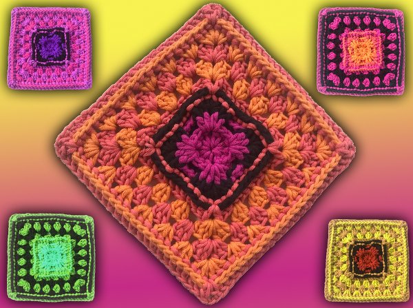 Gehäkelte bunte Quadrate mit sternförmiger Mitte und kontrastierenden Rändern