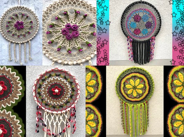Collage mehrerer gehäkelter Traumfänger und Mandalas in verschiedenen Farben, Mustern und mit Quasten