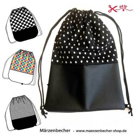 Schwarz-weißer Turnbeutel mit Punkten, schwarzem Unterteil und drei Skizzen weiterer Muster