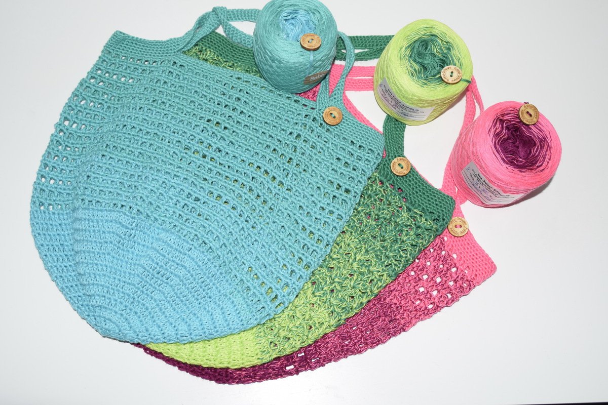 - CALLA - 3er Set Netztaschen/Netzbeutel aus einem Minibobbel oder jedem anderem Garn häkeln, No Waste, Einkaufstasche