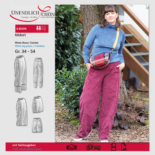 Culotte Midori pants pattern for short, 7/8, and full-length trousers.