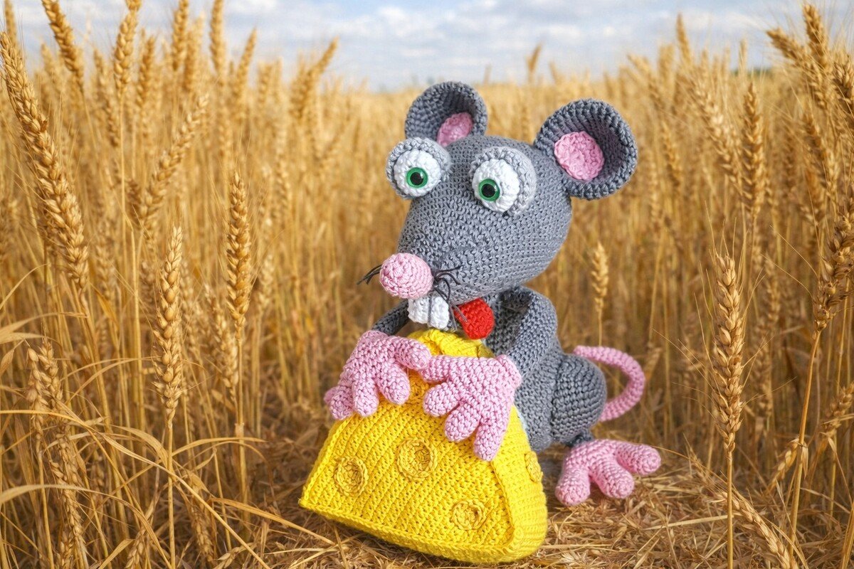 Gehäkelte graue Amigurumi‑Maus mit rosa Ohren hält ein gelbes Häkelkäse im Weizenfeld.