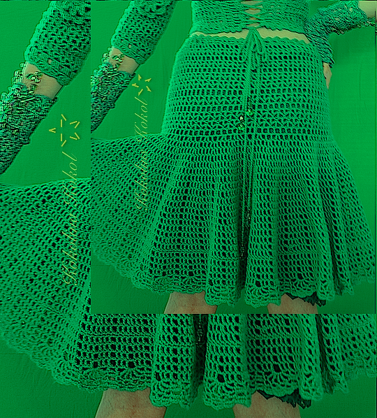 Fließender gehäkelter Rock in sattem Grün mit Lochmuster und weitem Saum