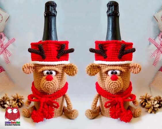 258 Crochet Pattern - Reindeer - wine or champagne bottle sleeve - PDF file by Knittoy CP