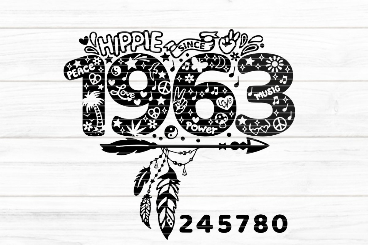 Schwarze Plottdatei 'HIPPIE SINCE 1963' mit Peace-Symbolen, Herzen und dekorativem Federpfeil