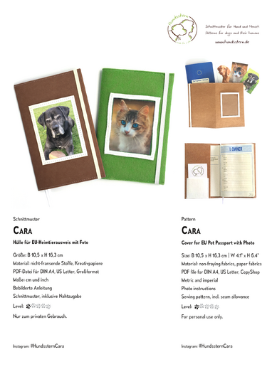 CARA Cover for EU Pet Passport sewing pattern for non-fraying fabrics