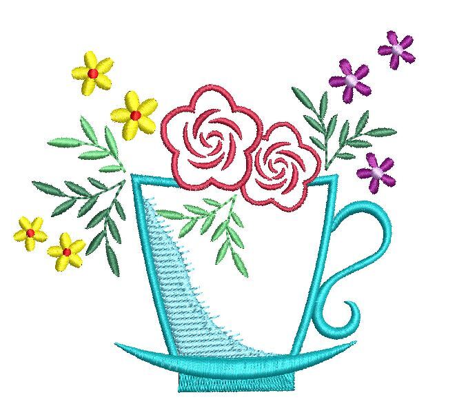 Stickdatei Blumentasse Tasse mit Blumen verschiedene Größen