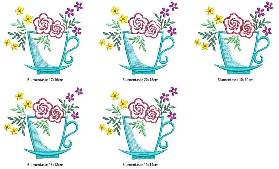 Stickdatei Blumentasse Tasse mit Blumen verschiedene Größen