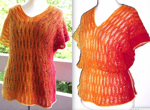 Gestrickter Damenpullover Orange‑Rot mit V‑Ausschnitt, kurzen Ärmeln und Ajourmuster auf Schaufensterpuppe
